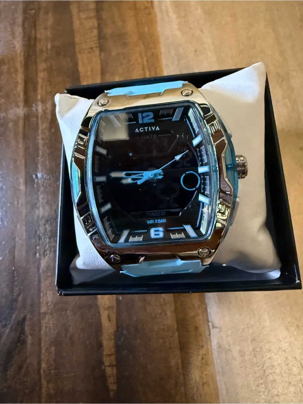 Activa Quartz Tonneau Watch - Black Dial, Blue Silicone Strap, Date, 30m